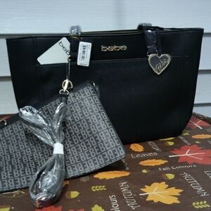 Bebe Black Tote with Heart Charm and Logo Pouch